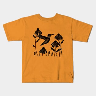 Linocut hummingbird and flowers Kids T-Shirt